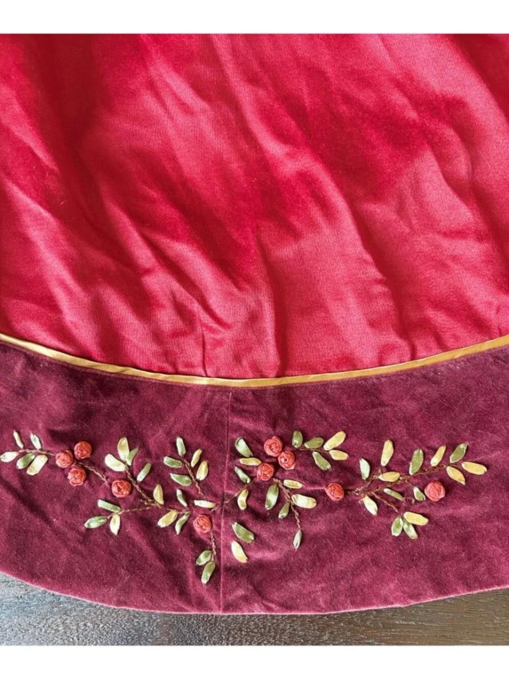 Red Embroidered Christmas Tablecloth Velvet Trim Victorian Holiday 58 x 82